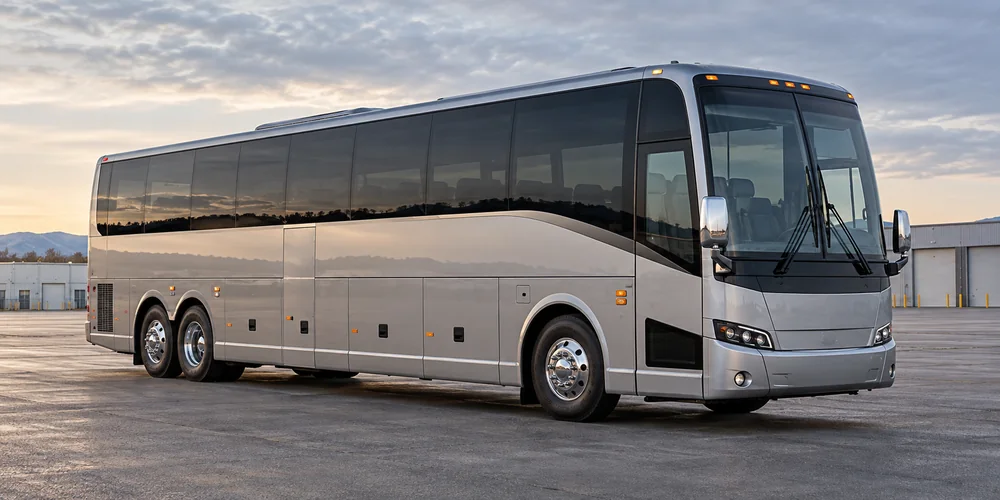 Silver intercity motorcoach parked at a transport depot