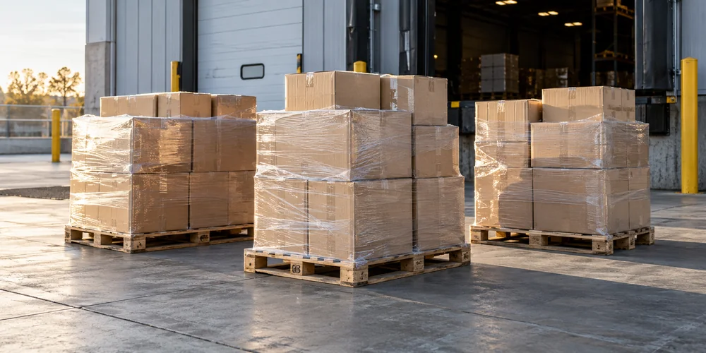 Stretch-wrapped pallets of general cargo at a loading dock