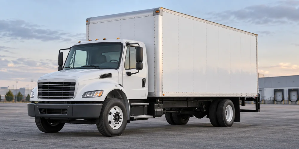 White box truck at a commercial vehicle depot